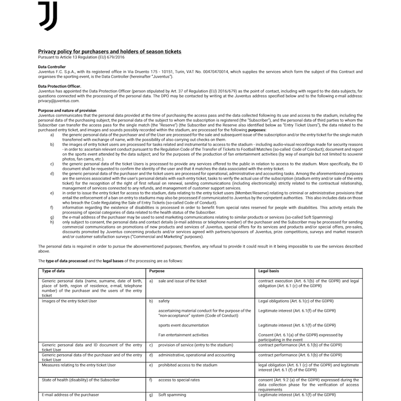 Privacy policy for purchasers and holders of 2024-2025 Season Tickets