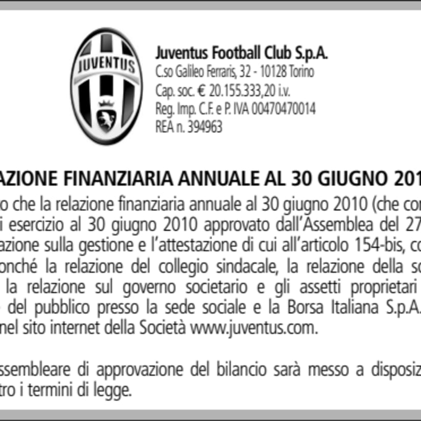 Avviso di messa a disposizione della Relazione finanziaria annuale al 30 giugno 2010