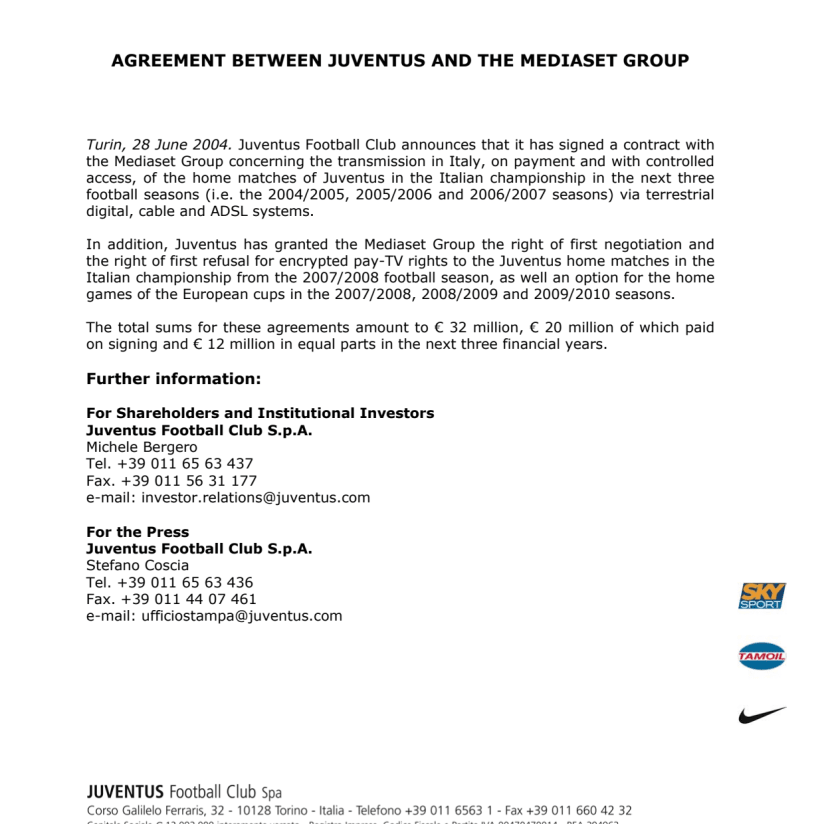 Agreement between Juventus and Mediaset Group: the official press release
