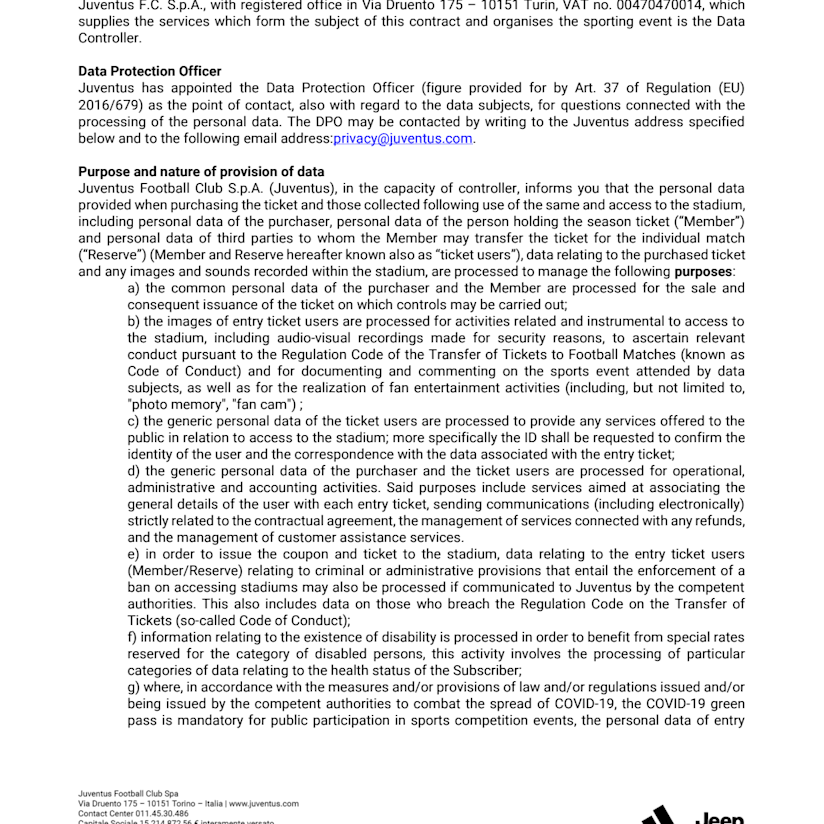 Privacy policy for purchasers and holders of season tickets Juventus Premier Club and Legends Club
