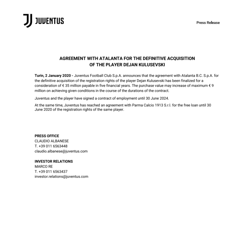 Agreement with Atalanta for the definitive acquisition of the player Dejan Kulusevski