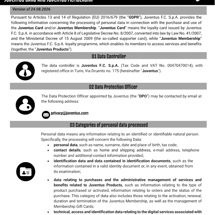 Privacy policy on the processing of personal data - Juventus Card e Juventus Membership