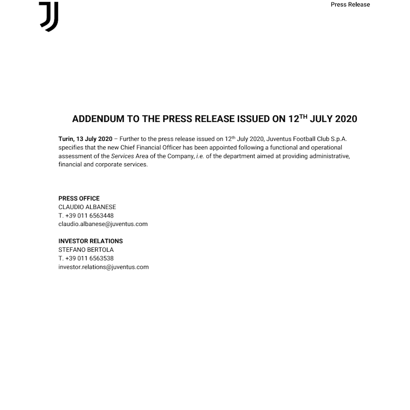 Addendum to the press release issued on 12th July 2020